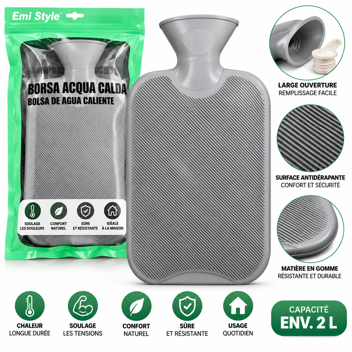 Bouillotte à Eau Chaude 2 L en Caoutchouc – Bouillotte Réutilisable avec Surface Rainurée