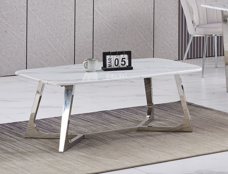 Table Basse GOSSIP Inox plateau en Granite Marbré Blanc 120x70 cm