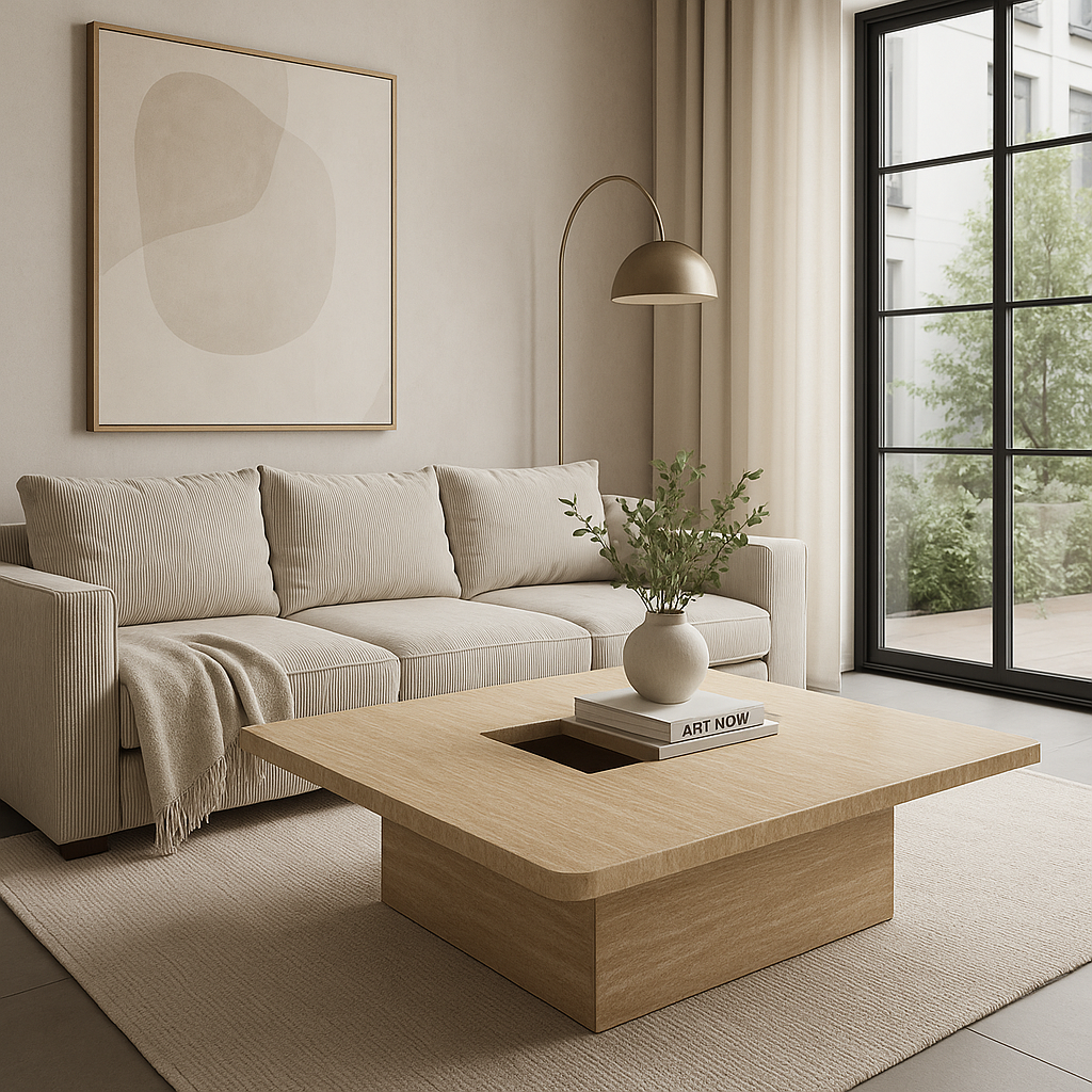 Table Basse Carrée Moderne en  effet Travertin – Design Minimaliste et Élégant pour Salon Contemporain