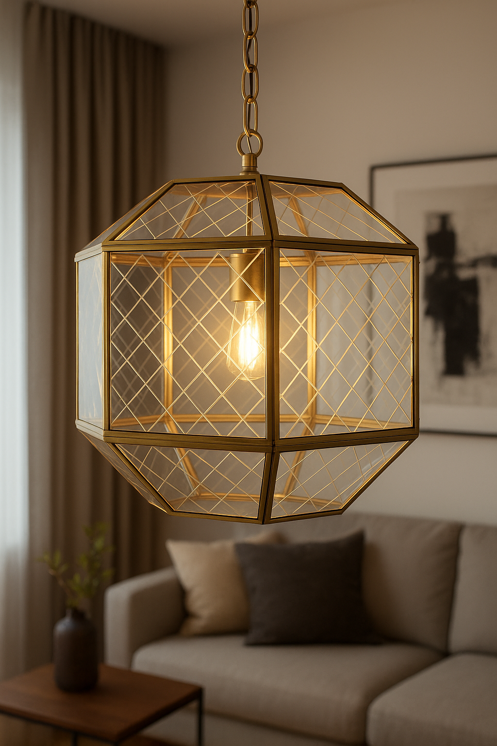 Lampe suspendue en verre facetté et laiton doré